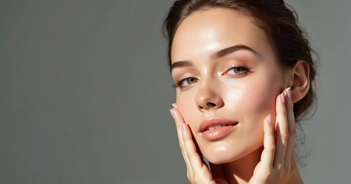 A close-up portrait of a woman with dewy, glowing skin, wearing minimal makeup, touching her cheeks with both hands, highlighting Sofwave in Edinburg, TX.
