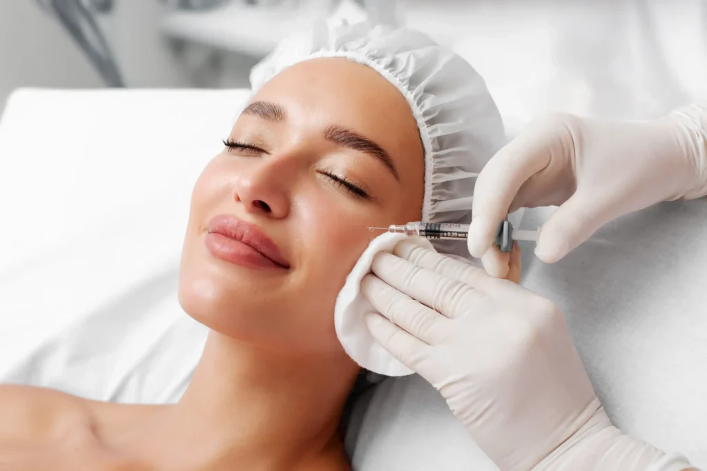 Woman receiving dermal filler treatment from a practitioner at Allure Dermatology in Edinburg, TX