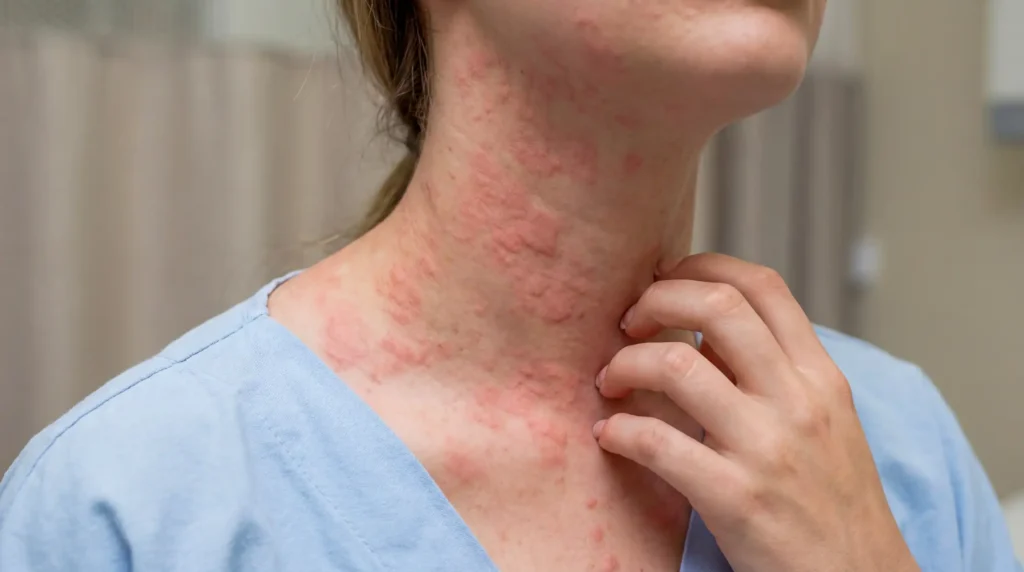 Woman with visible eczema symptoms at Allure Dermatology in Edinburg, TX